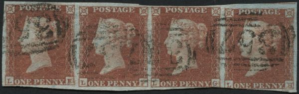 SG8 1d Red Brown LE-LH strip of 4 fine, touched on L/H only