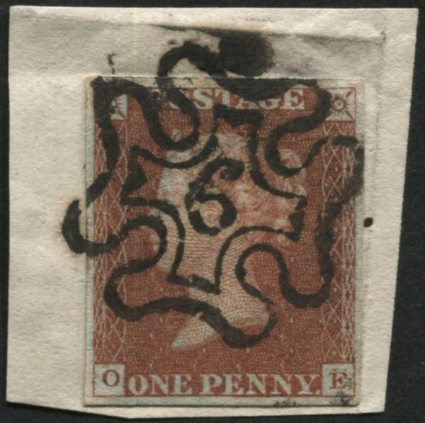 SG8 1d Red Brown OE 4 margins, Black No. 6 in MX tied to piece, variety double letter E