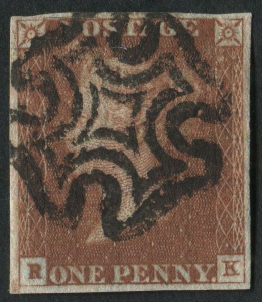 SG8 1d Red Brown Pl.31 RK variety, P converted to R superb used 4 margins