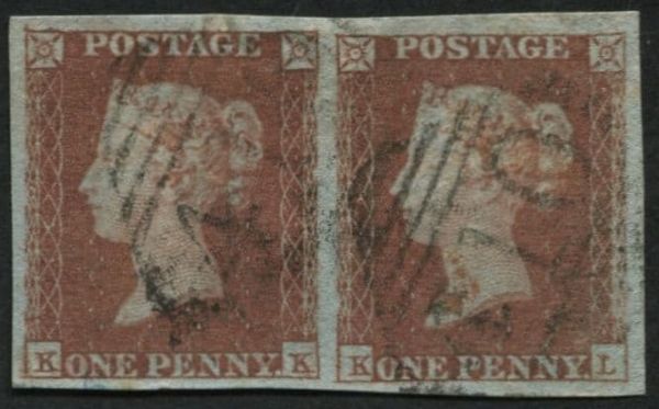 SG8 1d Red Brown plate 112 KK-KL pair, large margins all round