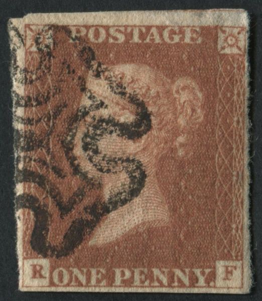 SG8 1d red brown plate 31 RF 4 margins v fine black Maltese cross, variety P converted to R