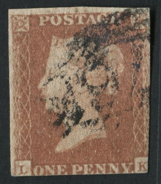 SG8 1d Red brown plate 75, the very rare Union Jack re-entry letters LK 2-3 margin easily visable