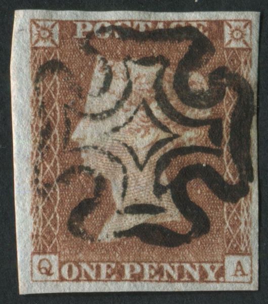 SG8 1d Red Brown QA used example with almost complete Black Maltese cross, 4 margins