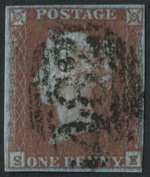 SG8 1d Red Brown SE Pl107 var, invert S numeral cancel 4 margin, a scarce combination