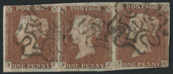 SG8 (B520) 1d Red brown FI-FK strip of 3 each stamp with London 7 in MX, fine margins all round Pl31