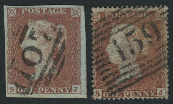 SG8 Spec-B2/C1 Pl173 1852-53 1d Red-Brown SJ, with matching perf 1d with 159 of Glasgow