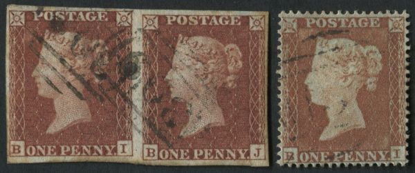 SG8 Spec B2/C1 Pl176 1852-53 1d Red-Brown BI-BJ pair, with matching perforated 1d BI