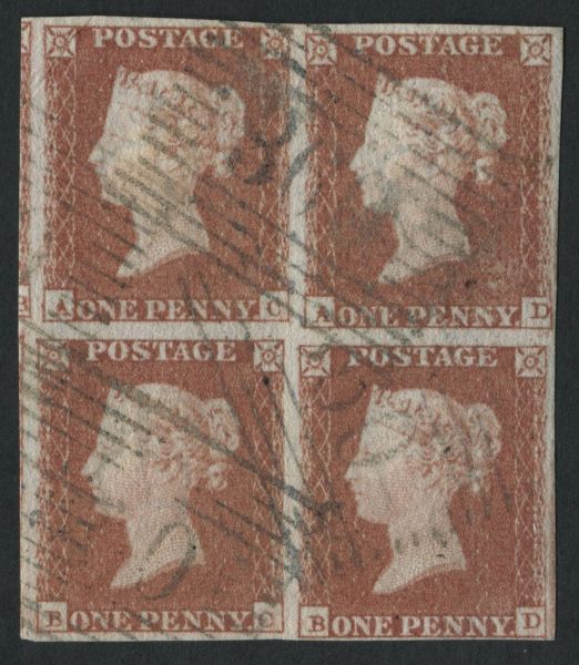 SG8 Spec BS321 1d red brown plate 121 missing imprimatur block of 4 AC-BD, very fine clear to large