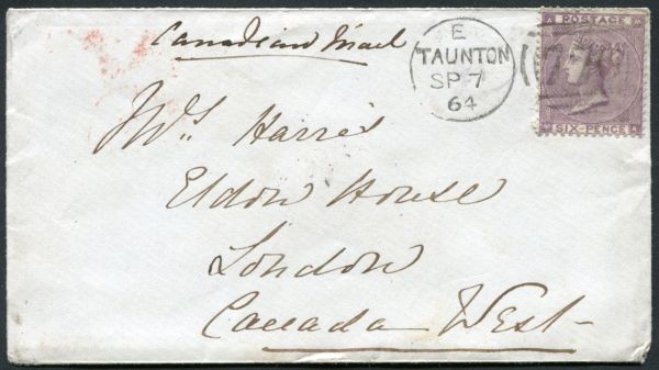 SG84 6d Lilac tied to envelope 1864 Taunton to Canada-West - lovely