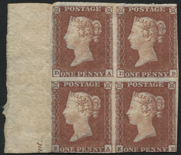 SG8a spec BS32 1d Red-Brown DA-EB, a delightful marginal block of 4 from plate 125