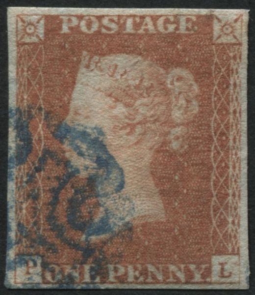 SG8L 1d Red Brown plate 25 with bright Blue Maltese cross on corner - superb Cat 675,