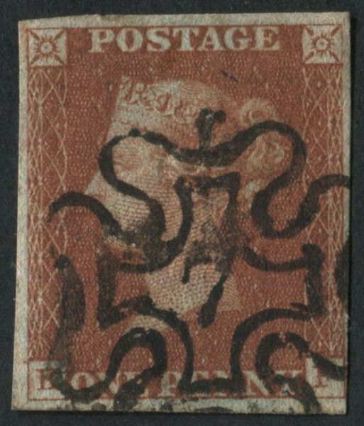 SG8m 1d Red Brown KF used with fine number 7 in Maltese cross, 4 clear margins