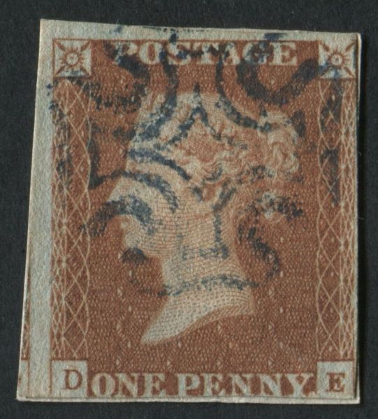 SG8SpecBS16 1841 1d red-brown plate 27, DE, 4 margins, cancelled with BLUE MX., RPS Cert (1984)