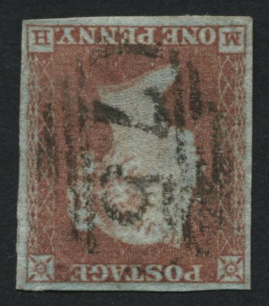 SG8wi 1d Red Brown MH plate 97 Wmk Inv with fine Birmingham cancel, 4 clear margins