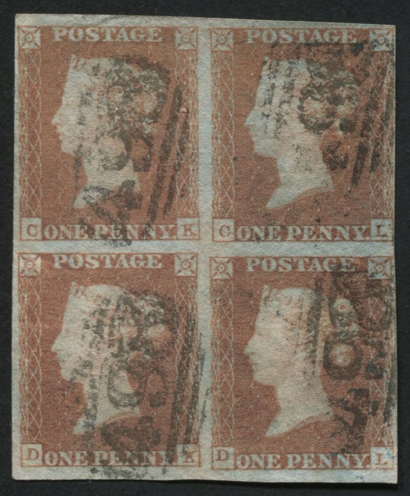 SG9 1d light Red-Brown CK-DL, a F/U block of 4 margins all round, tiny fault