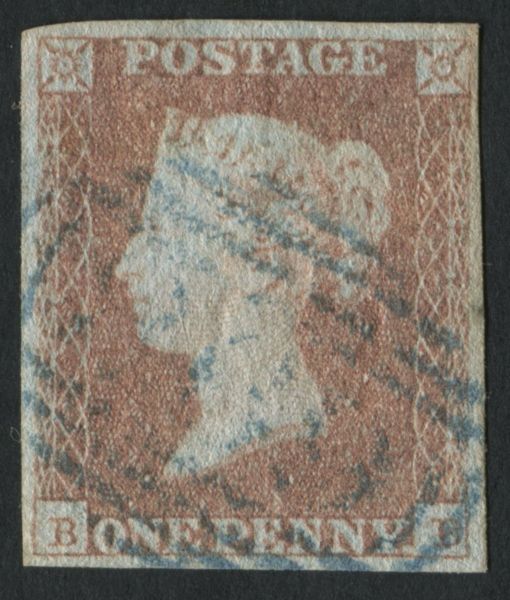 SG9 1d pale red brown 4 margins with neat full pale blue numeral cancel