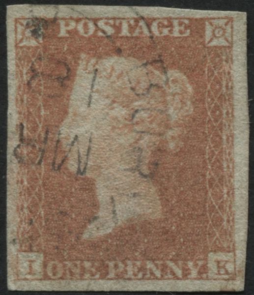 SG9 1d pale Red Brown IK 4 large margins Pl.121, circular town date stamp in Black Spec B1va