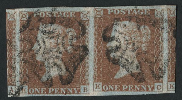 SG9 1d Pale red brown KB-KC pair with large or enormous margins all round plate 25