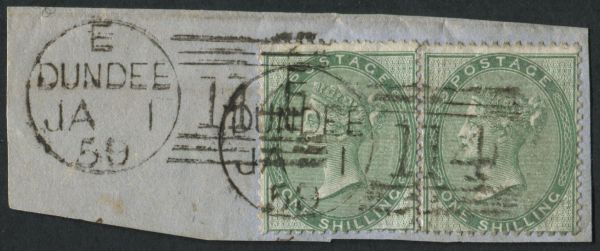 SG90 1/- green x 2 tied to small piece with Dundee 114 double cancels, fine