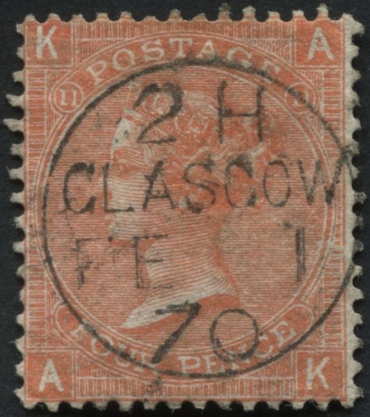 SG93 4d dull Vermililon plate 11, with lovely 1870 Glasgow cds