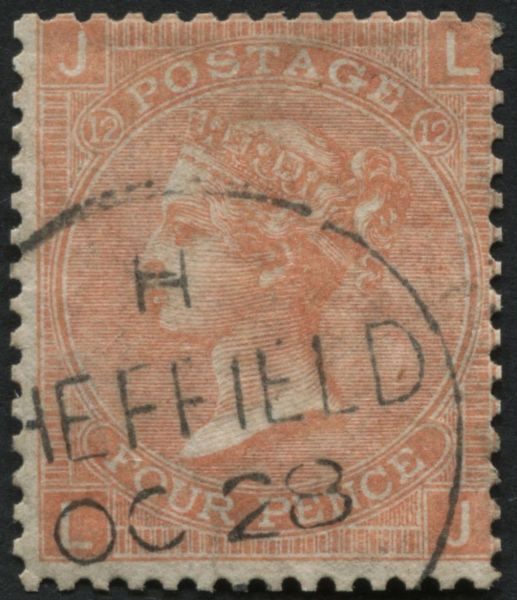 SG93 4d pale Vermilion plate 12, superb Sheffield cds