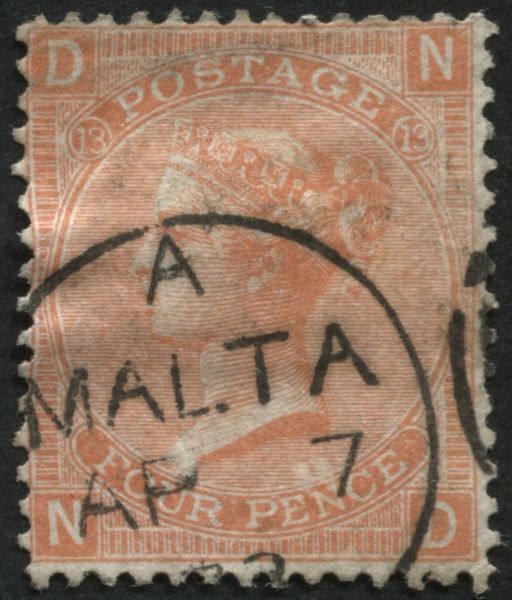 SG93 4d pale Vermilion plate 13, superb Malta cancel 1867