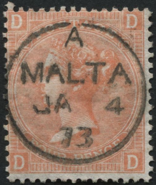 SG94 Four pence plate 12 with perfect 1873 Malta cds