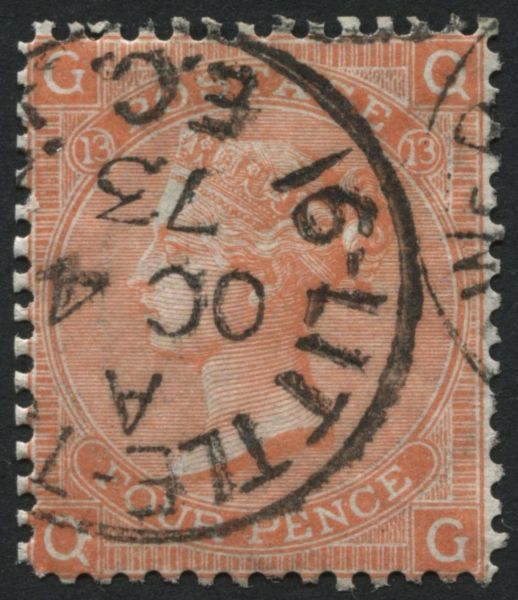 SG95 pl13 1865-67 4d Vermilion plate 13, F/U London cds