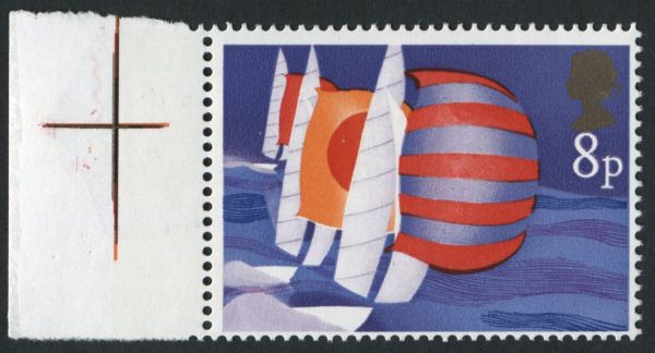 SG981var 1975 Sailing 8p variety Missing Black left marginal with guide cross, U/M