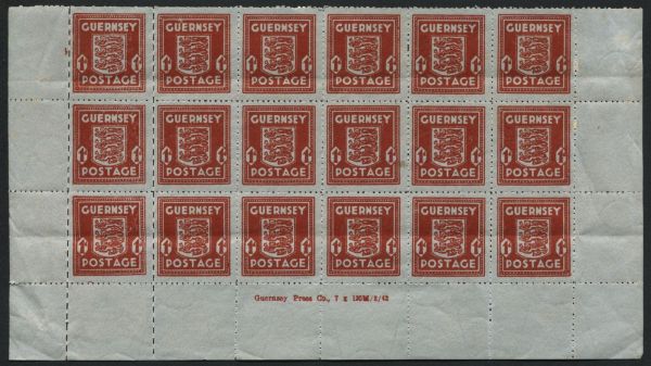 SGG5 Guernsey 1d Scarlet block of 18 with control number, light horizontal crease across 2 rows, U/M