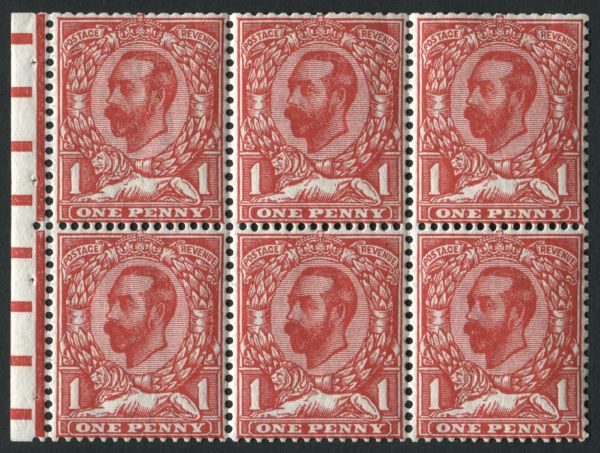 SGNB5 1912 1d deep bright Scarlet, booklet pane of 6 with selvedge, U/M