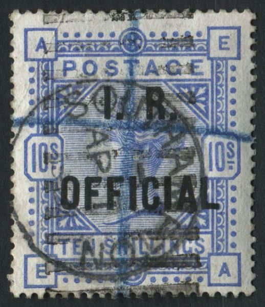 SGO10 I.R./OFFICIAL 1884-88 10/- Ultramarine BA, SOUTHAMPTON and blue regd crayon lines