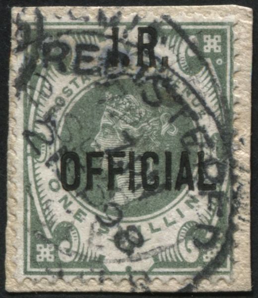 SGO17 1/- Green tied to piece with registered cancel, excellent colour