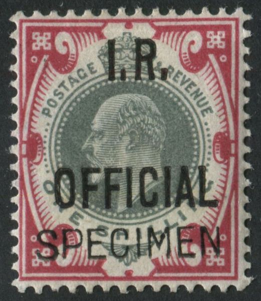 SGO24var 1902 1s Green & Carmine (I.R. Offical) superb unused o.g. example, SPECIMEN type 16