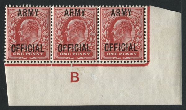 SGO49 Army Official 1d scarlet control B strip of 3 with variety long stroke to second F Vfine mint