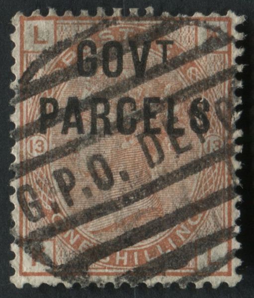 SGO64 1/- Orange Brown Pl.13, fine GPO Depot cancel