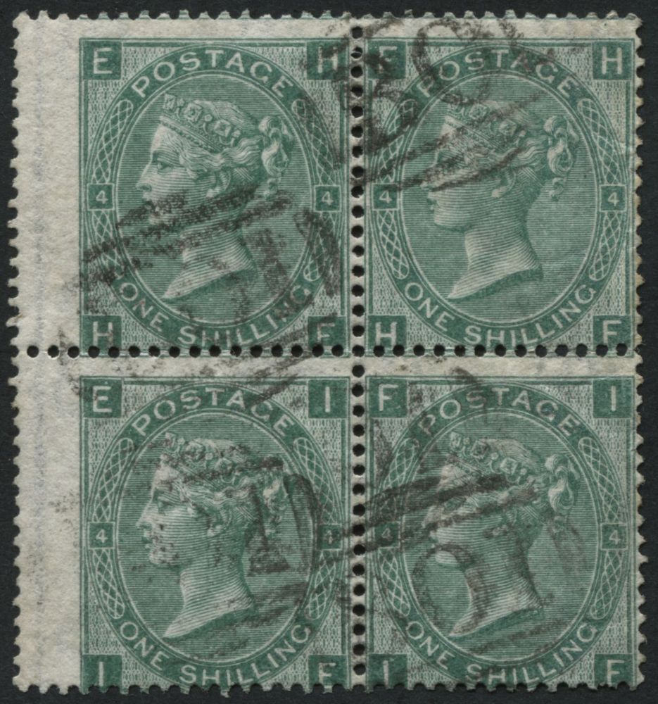 SGZ37 Used Abroad 1865 1s Green pl4 wmk emblems HE/IF block of 4, F/U with lightly struck BO1