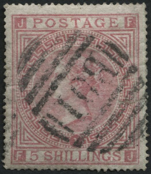 SGZ41 Used abroad Alexandra 1867 5/- Red plate 1 with fine B01 duplex, SG Cat 250+