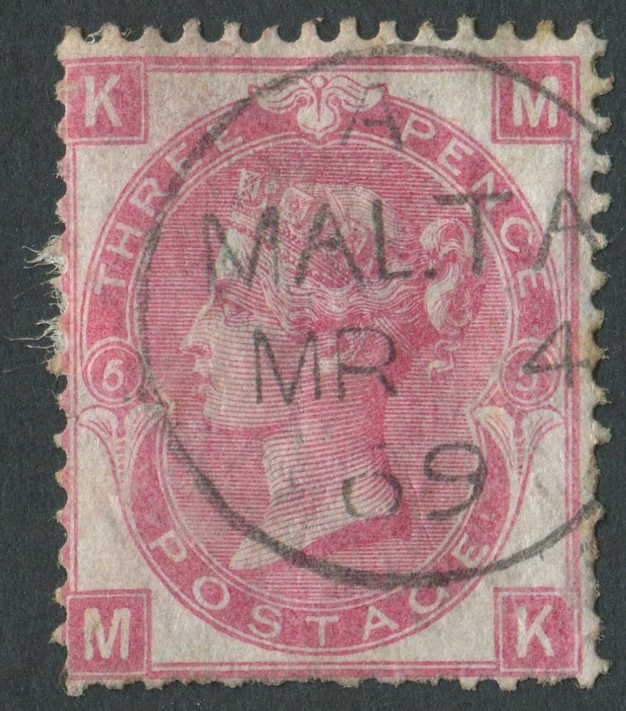 SGZ43 Malta USED ABROAD. GB 1867-73 3d Rose plate 5 MK, trimmed perfs at foot but VF/U with