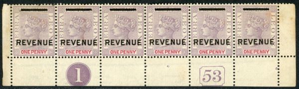 Sierra Leone / Revenue 1884 1d lilac strip of 6 M/M