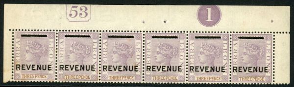 Sierra Leone / Revenue 1884 3d strip of 6 M/M