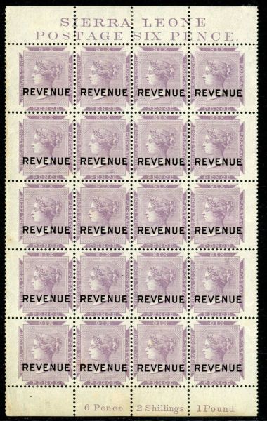 Sierra Leone / Revenue 1884 6d block of 20 M/M