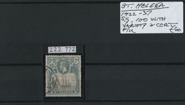 St. Helena 1922-37 SG.100 Var. F/U with Cert.