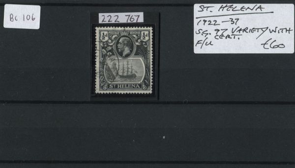 St. Helena 1922-37 SG.97 Var. F/U with Cert.