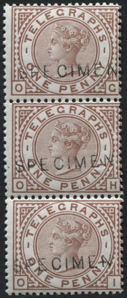 Telegraph 1876 1d Red-Brown L20S vertical strip of 3 (2 U/M) O/P SPECIMEN Cat 195