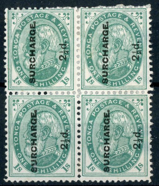 Tonga 1894 SG.24 M/M perf 12.5 block of 4. Two with thin spots