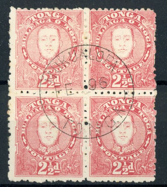 Tonga 1895 SG.33 F/U block of 4 incl SG.33a flaw