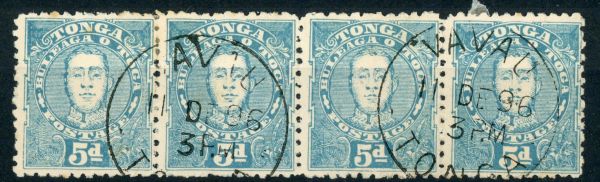 Tonga 1895 SG.34 F/U strip of 4. Some toning on reverse