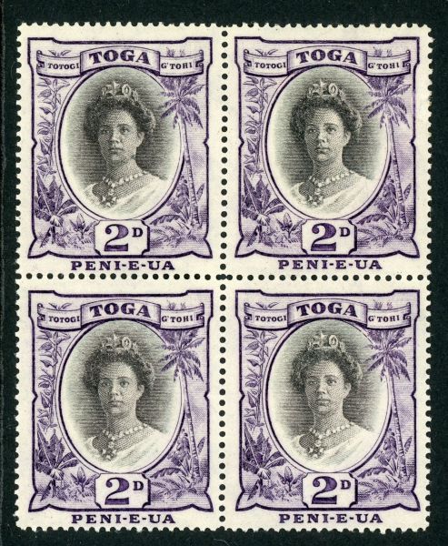 Tonga 1920-35 SG.57 M/M block of 4 incl. SG.57b ''smaller 2'' variety