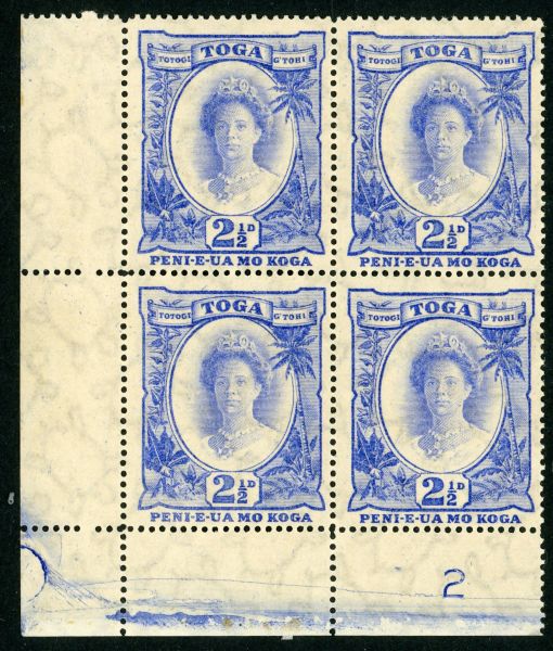 Tonga 1920-35 SG.59 U/M block of 4. Gum toning